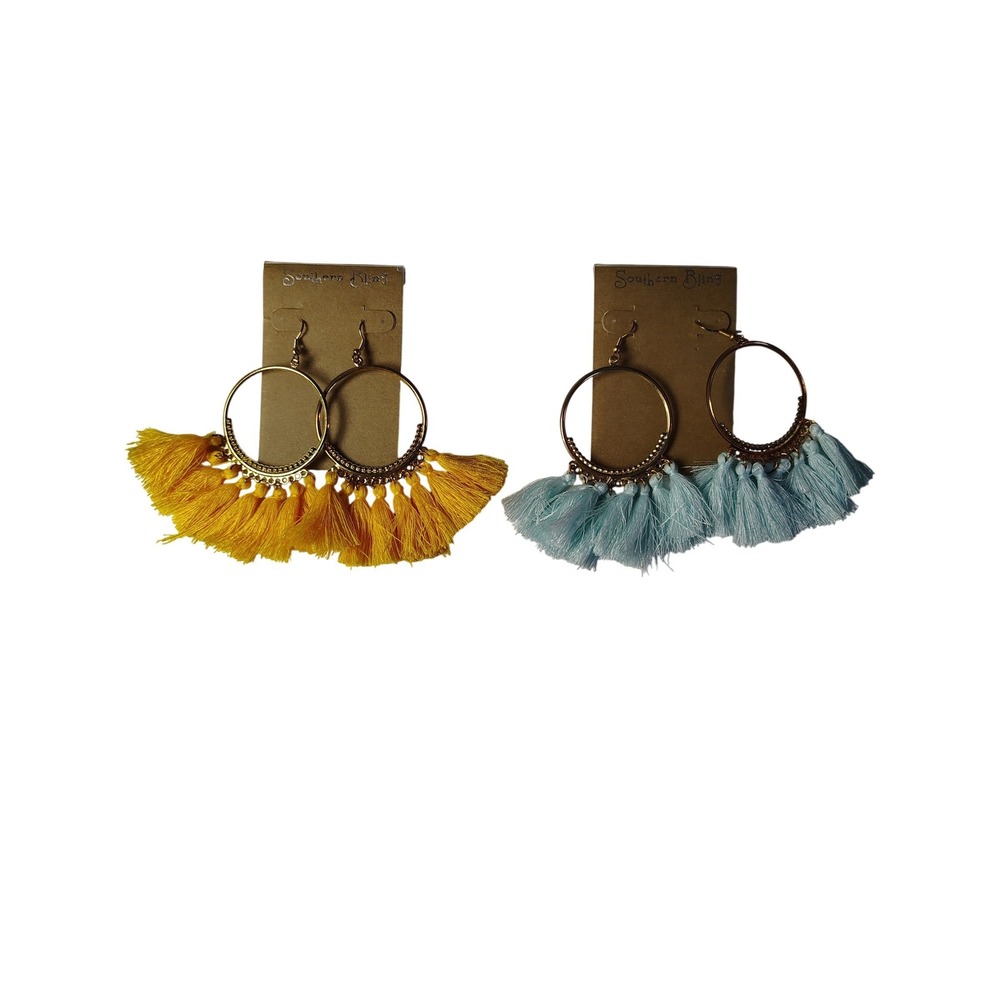 Southern Bling Tassel Hoop Earrings Bundle Yellow‎ Blue Boho Statement Jewelry
